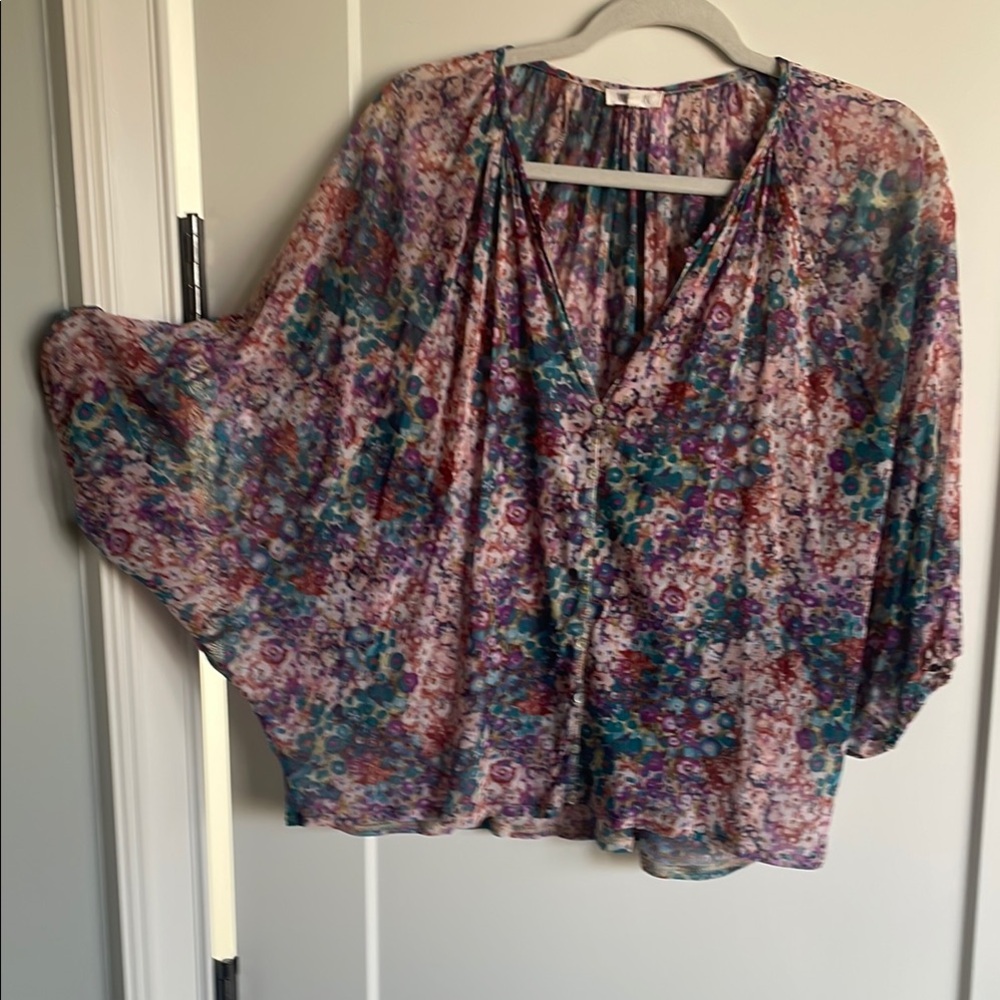 Pink and Blue Relaxed Tie Front Blouse
